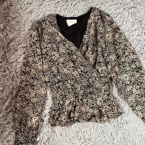 Black and cream cottage core whimsy‎ goth academia floral smocked waist crop top